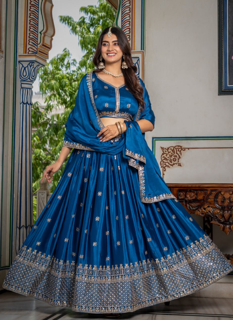 Peacock Blue Sequence Embroidery Chinon Silk Lehenga Choli For Wedding