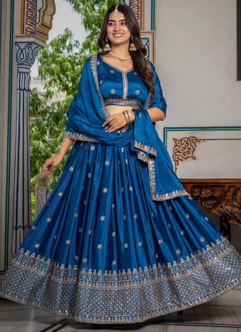 Peacock Blue Sequence Embroidery Chinon Silk Lehenga Choli For Wedding