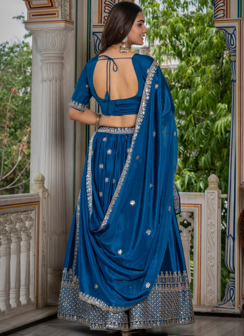 Peacock Blue Sequence Embroidery Chinon Silk Lehenga Choli For Wedding