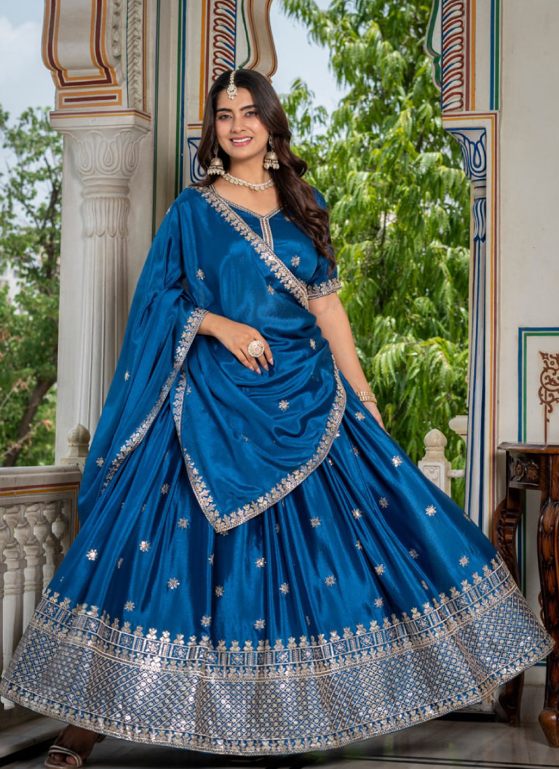 Peacock Blue Sequence Embroidery Chinon Silk Lehenga Choli For Wedding