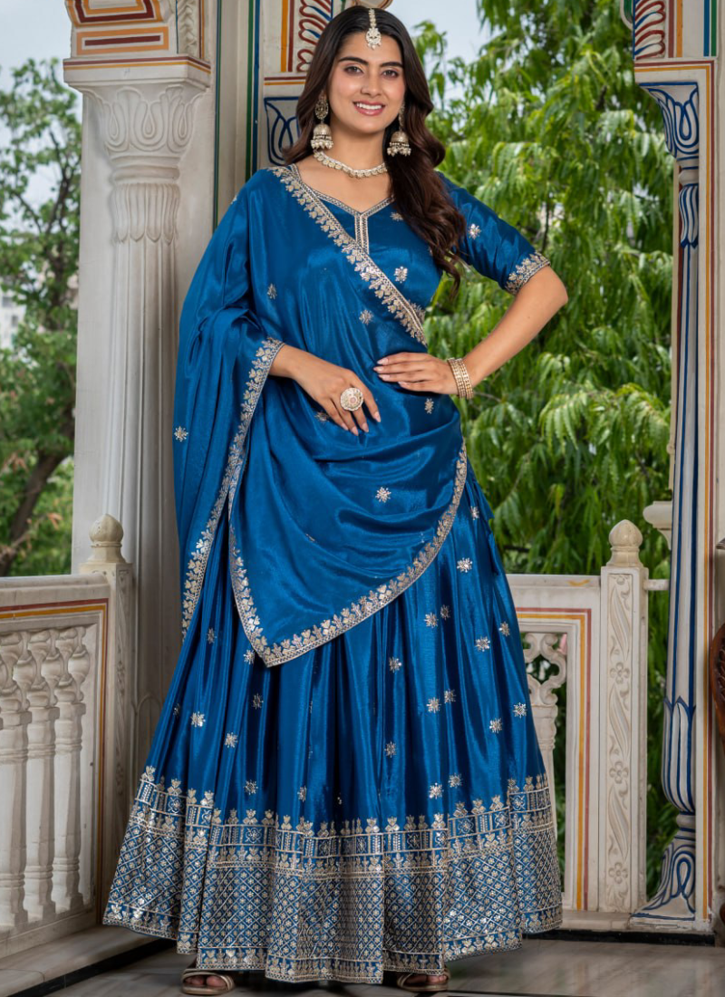 Peacock Blue Sequence Embroidery Chinon Silk Lehenga Choli For Wedding