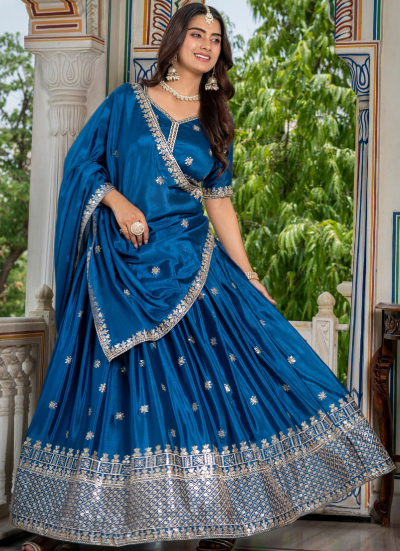Peacock Blue Sequence Embroidery Chinon Silk Lehenga Choli For Wedding