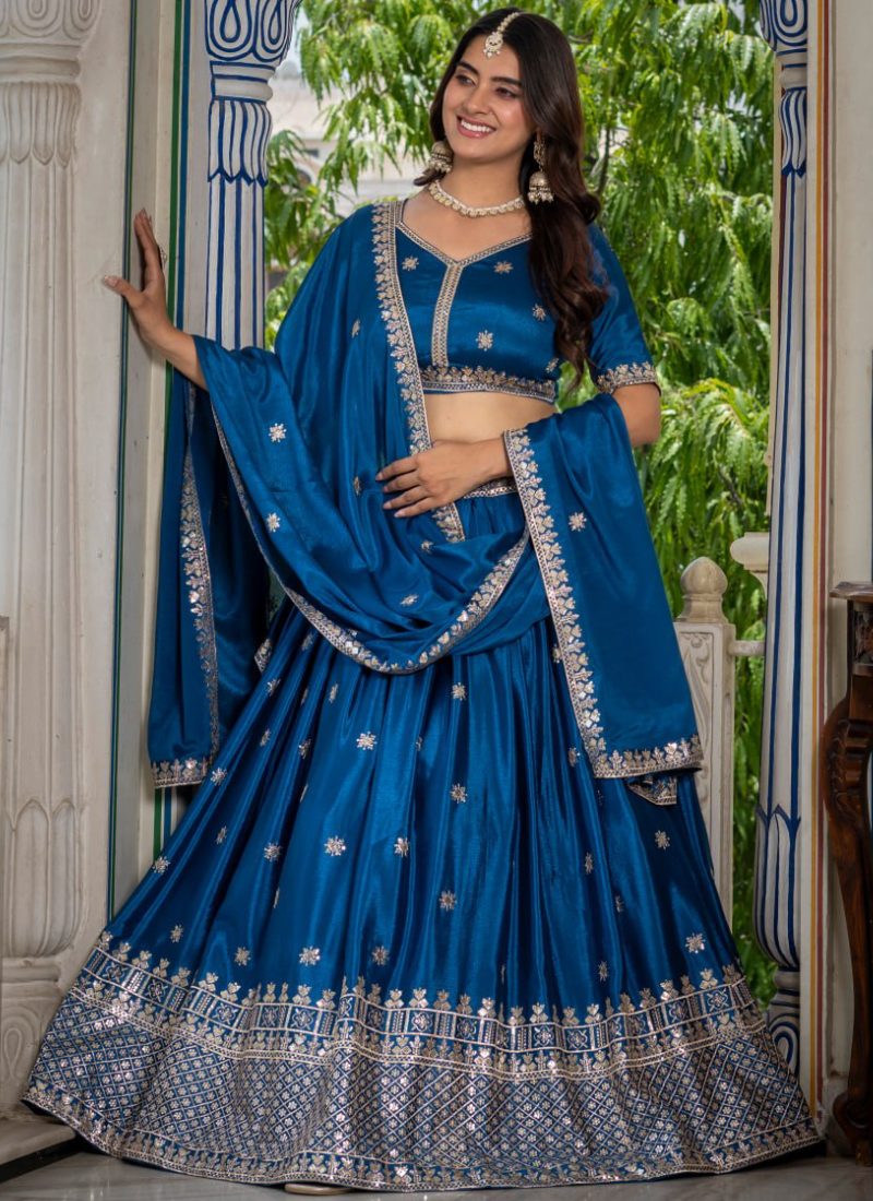 Peacock Blue Sequence Embroidery Chinon Silk Lehenga Choli For Wedding
