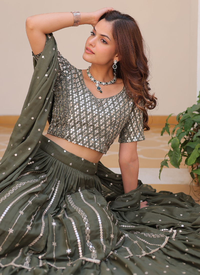 Perfect Mehendi Green Georgette Sequence Embroidered Lehenga Choli