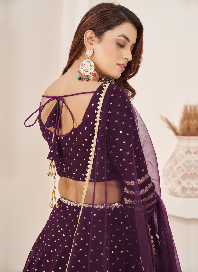 Perfect Sequence Embroidered Work Georgette Wine Lehenga Choli