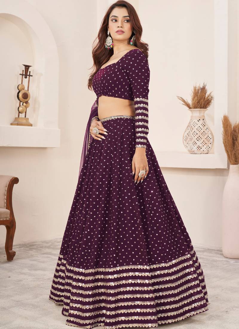 Perfect Sequence Embroidered Work Georgette Wine Lehenga Choli