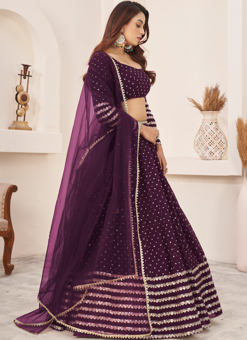 Perfect Sequence Embroidered Work Georgette Wine Lehenga Choli