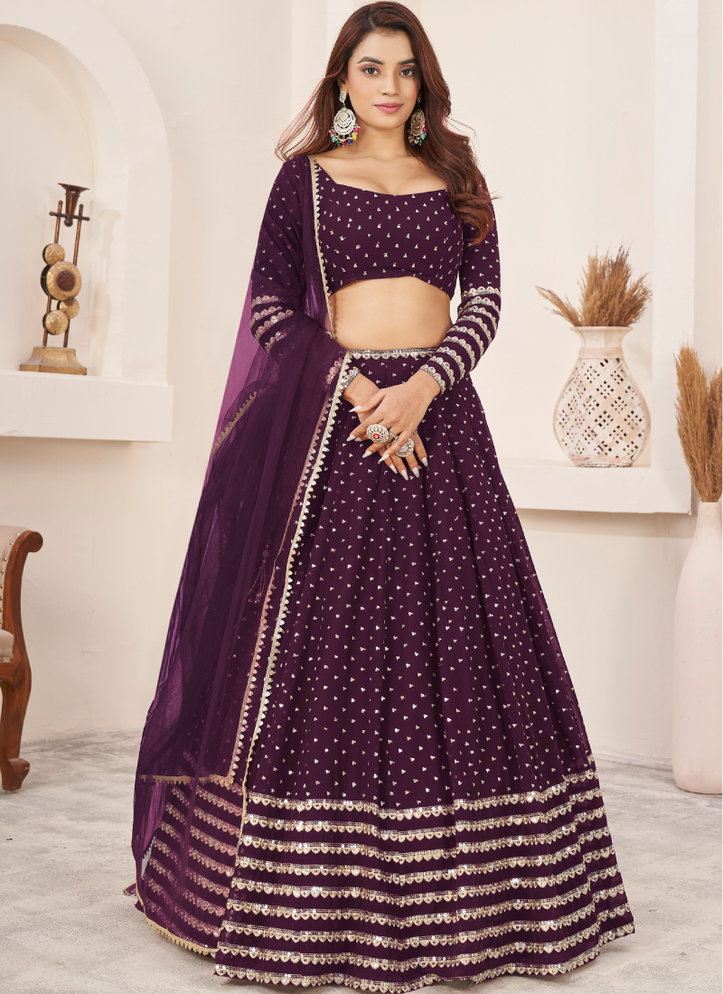 Perfect Sequence Embroidered Work Georgette Wine Lehenga Choli