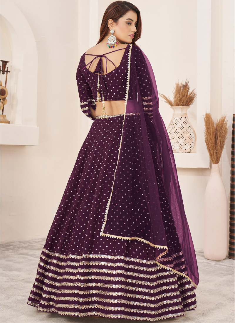 Perfect Sequence Embroidered Work Georgette Wine Lehenga Choli