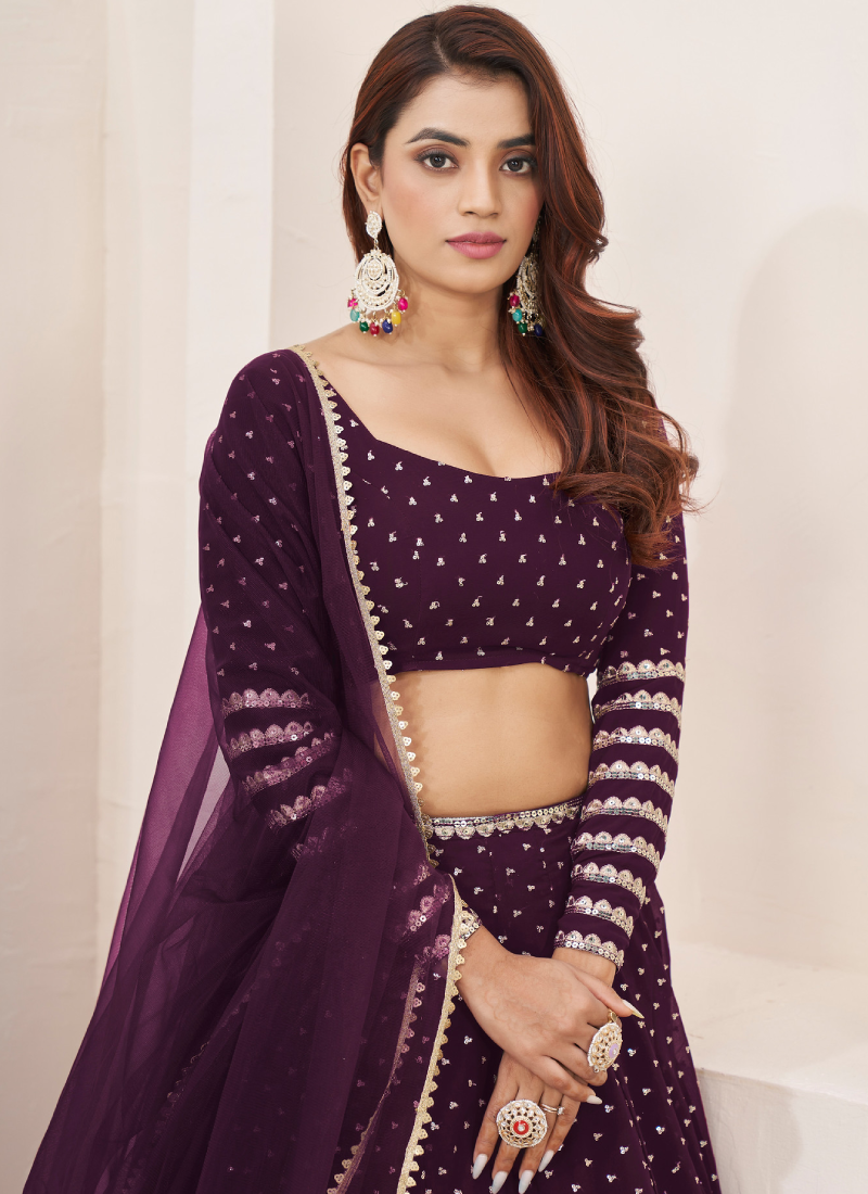 Perfect Sequence Embroidered Work Georgette Wine Lehenga Choli