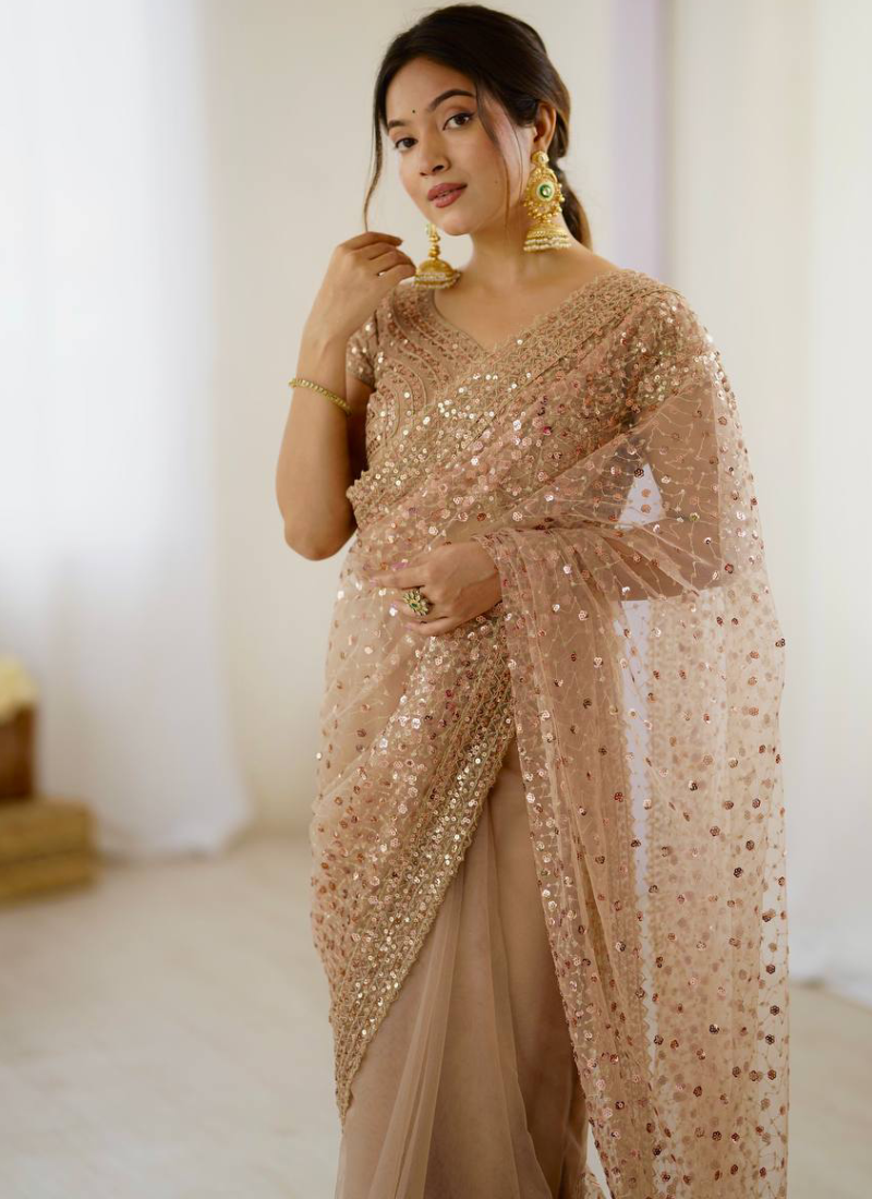 Perfect Sequence Embroidery Beige Party Wear Net Saree With Blouse