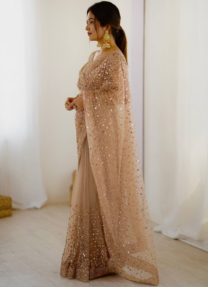Perfect Sequence Embroidery Beige Party Wear Net Saree With Blouse