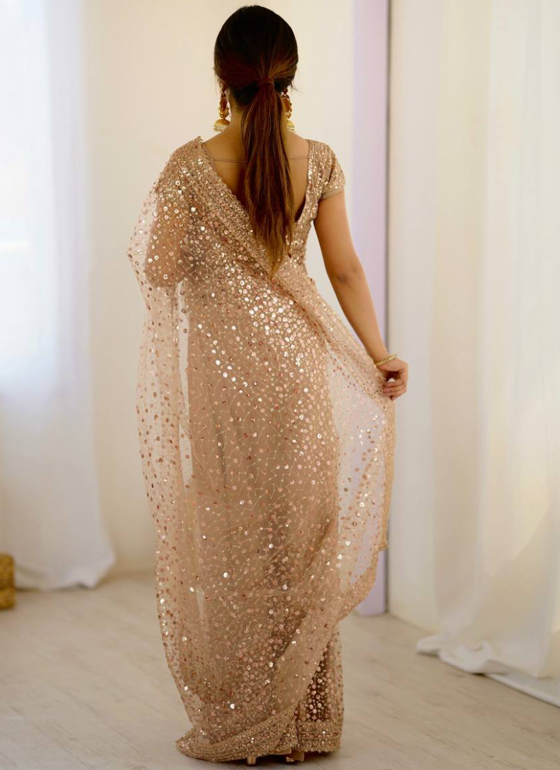 Perfect Sequence Embroidery Beige Party Wear Net Saree With Blouse
