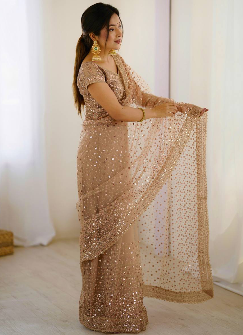 Perfect Sequence Embroidery Beige Party Wear Net Saree With Blouse