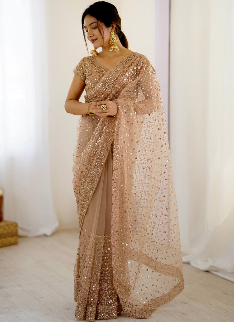 Perfect Sequence Embroidery Beige Party Wear Net Saree With Blouse