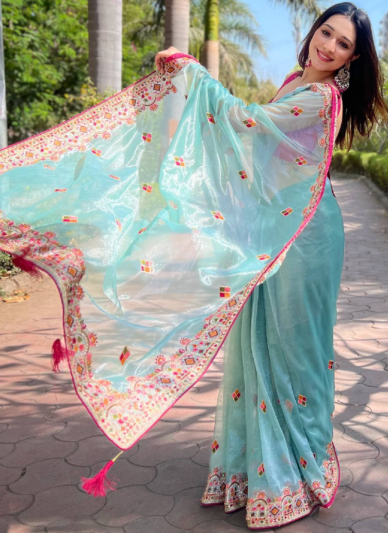 Pink Blouse With Thread Embroidered Sky Blue Net Reception Wear Saree