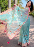 Pink Blouse With Thread Embroidered Sky Blue Net Reception Wear Saree