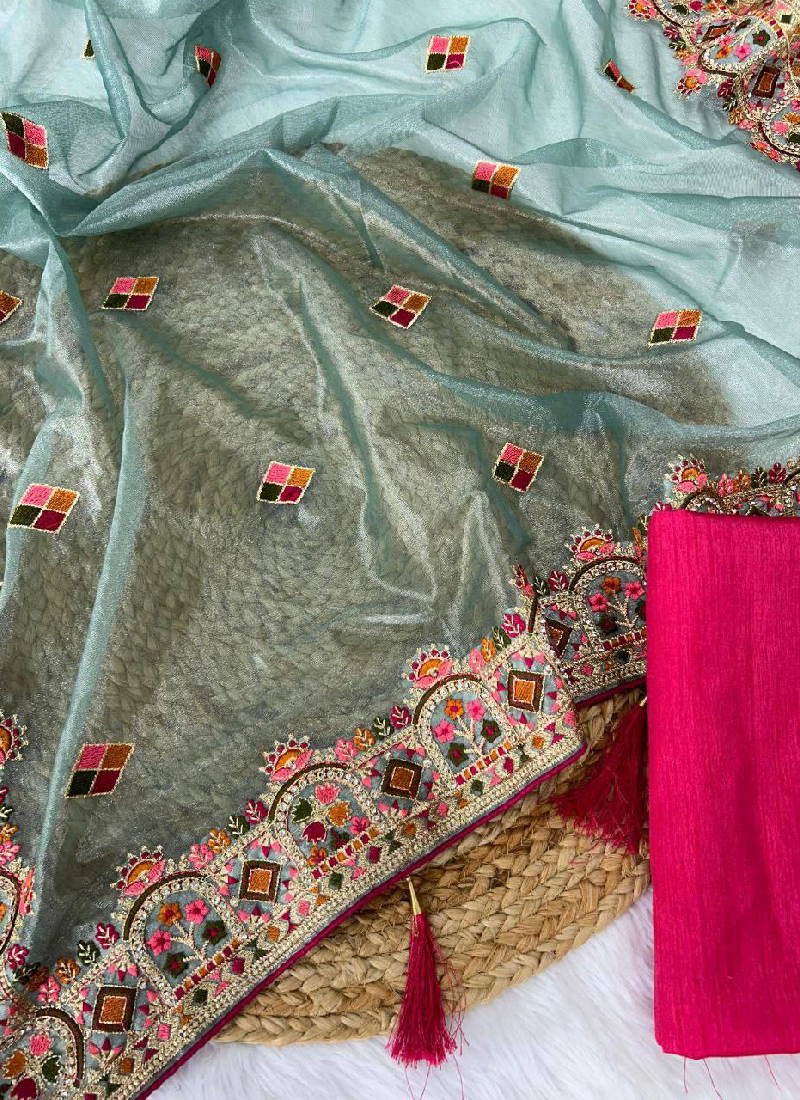 Pink Blouse With Thread Embroidered Sky Blue Net Reception Wear Saree