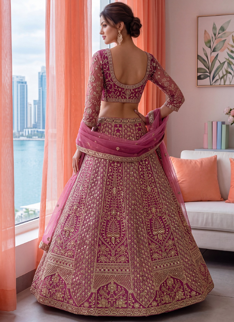 Pink Butterfly Net Sequins Embroidered Semi Stitched Lehenga Choli Set