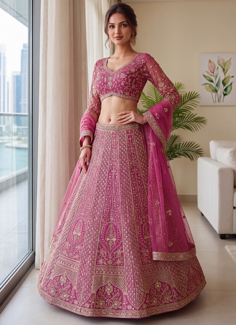 Pink Butterfly Net Sequins Embroidered Semi Stitched Lehenga Choli Set