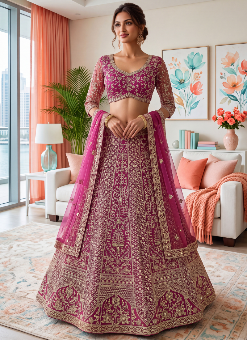 Pink Butterfly Net Sequins Embroidered Semi Stitched Lehenga Choli Set