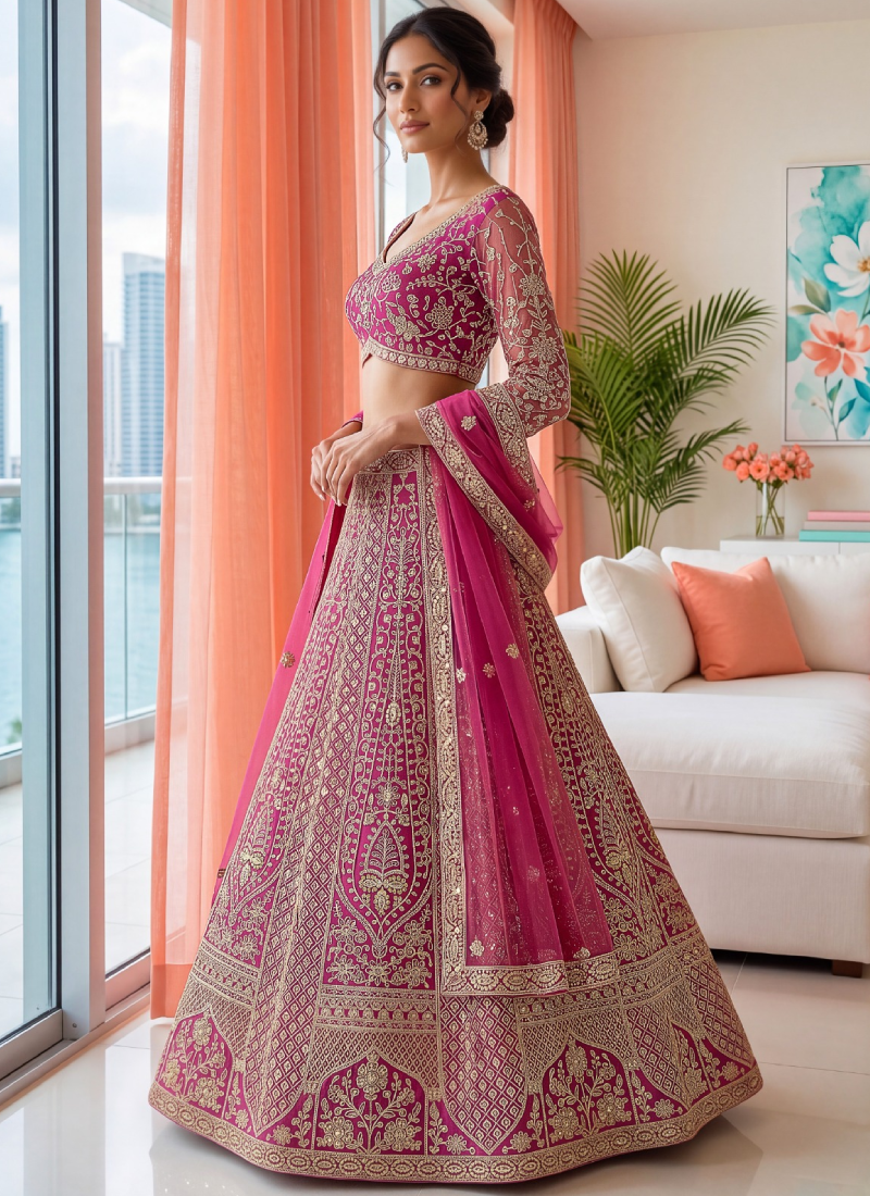 Pink Butterfly Net Sequins Embroidered Semi Stitched Lehenga Choli Set