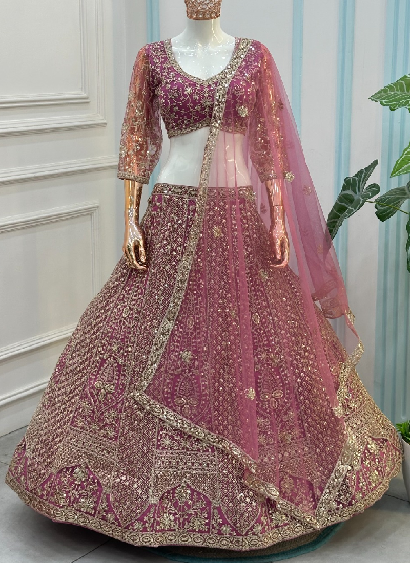 Pink Butterfly Net Sequins Embroidered Semi Stitched Lehenga Choli Set