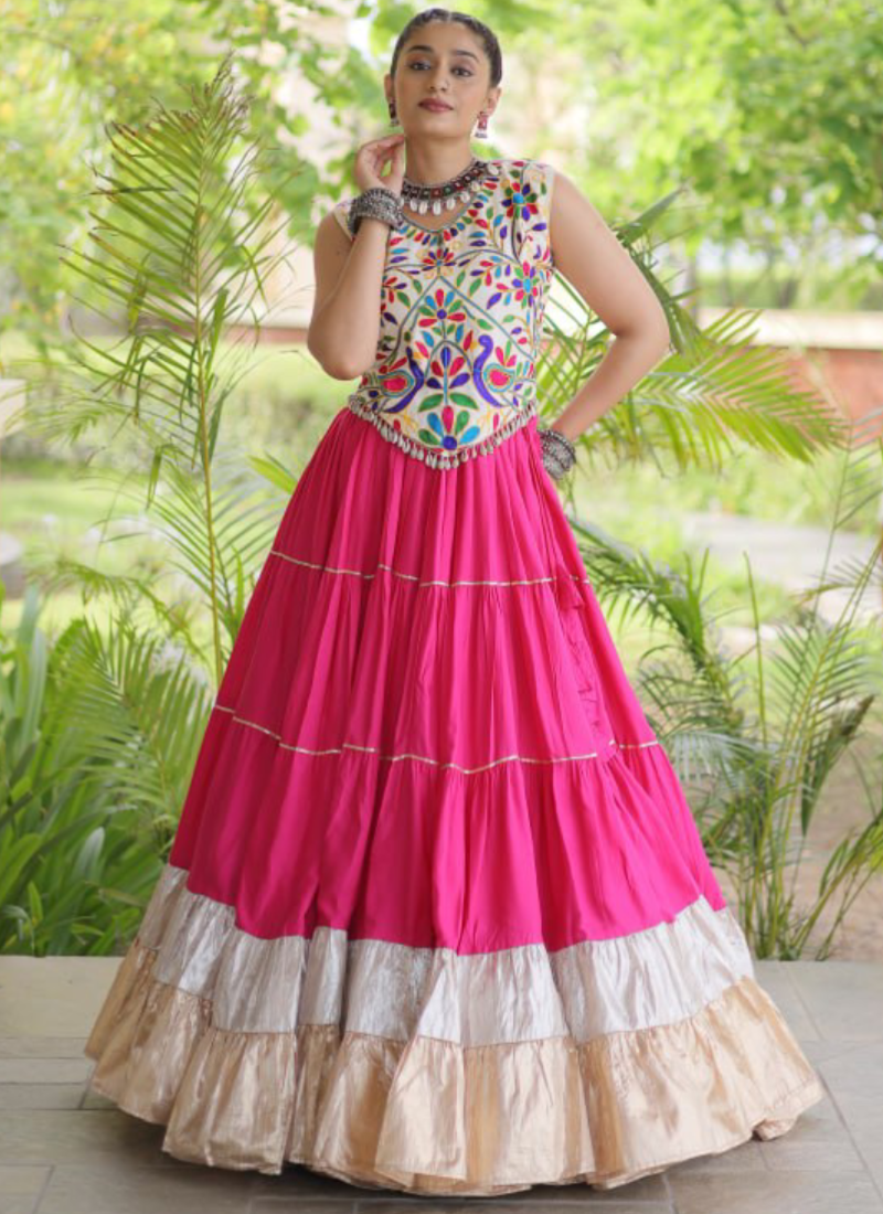 Pink Rayon Silk Kutchi Embroidery Navratri Wear Frill Lehenga Choli