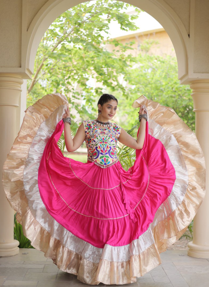 Pink Rayon Silk Kutchi Embroidery Navratri Wear Frill Lehenga Choli