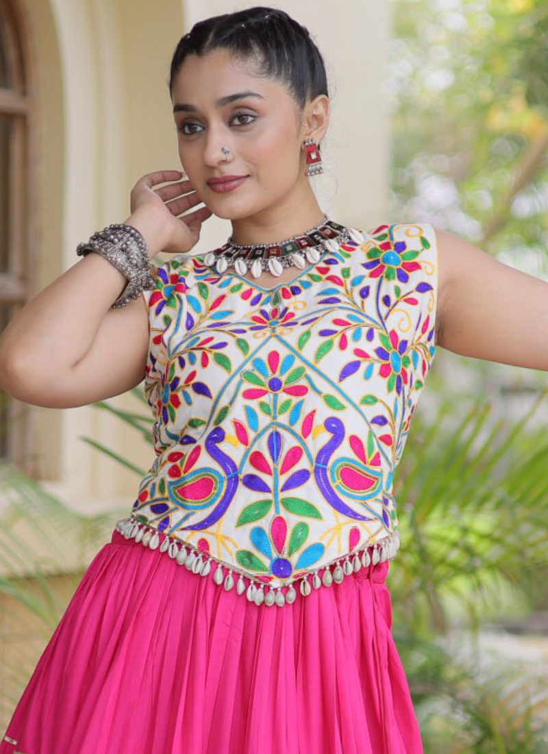 Pink Rayon Silk Kutchi Embroidery Navratri Wear Frill Lehenga Choli