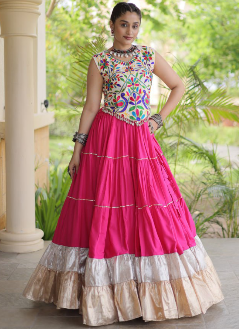 Pink Rayon Silk Kutchi Embroidery Navratri Wear Frill Lehenga Choli