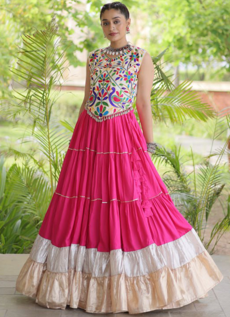 Pink Rayon Silk Kutchi Embroidery Navratri Wear Frill Lehenga Choli