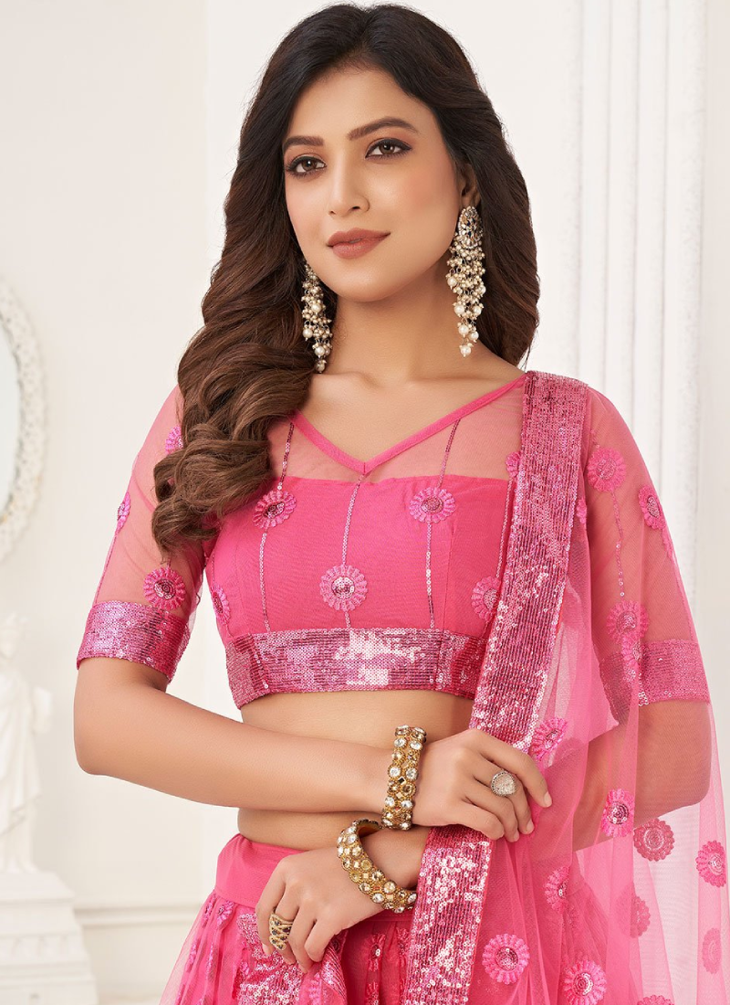 Pink Sequence Embroidery Work Soft Net Lehenga Choli For Women
