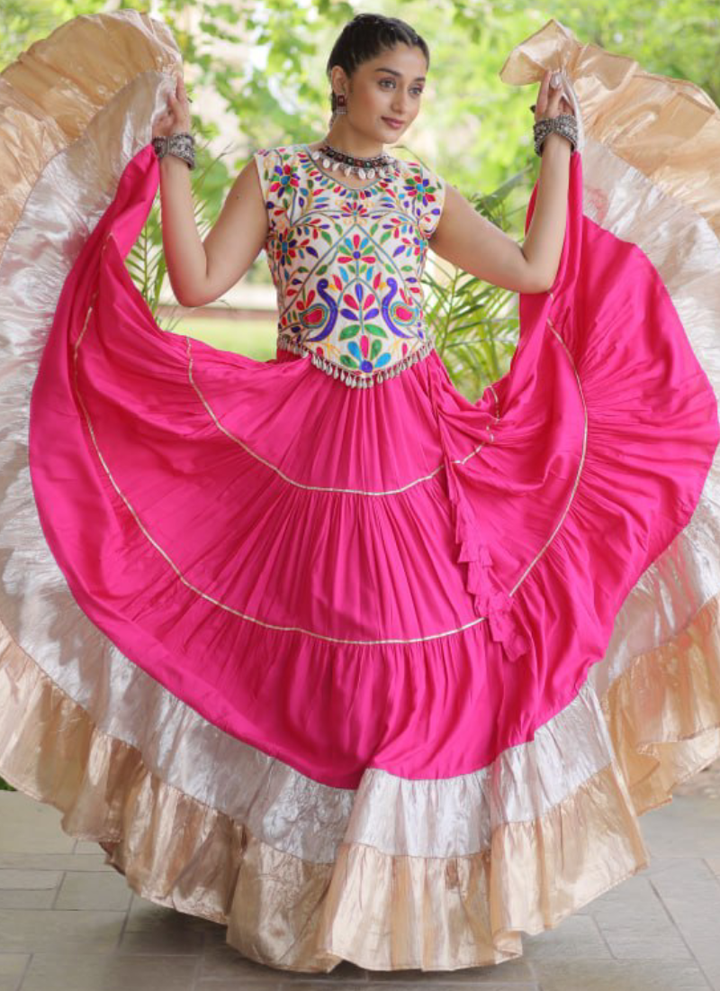 Pink Rayon Silk Kutchi Embroidery Navratri Wear Frill Lehenga Choli