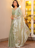 Pista Green Embroidered Work Shimmer Organza Party Wear Saree