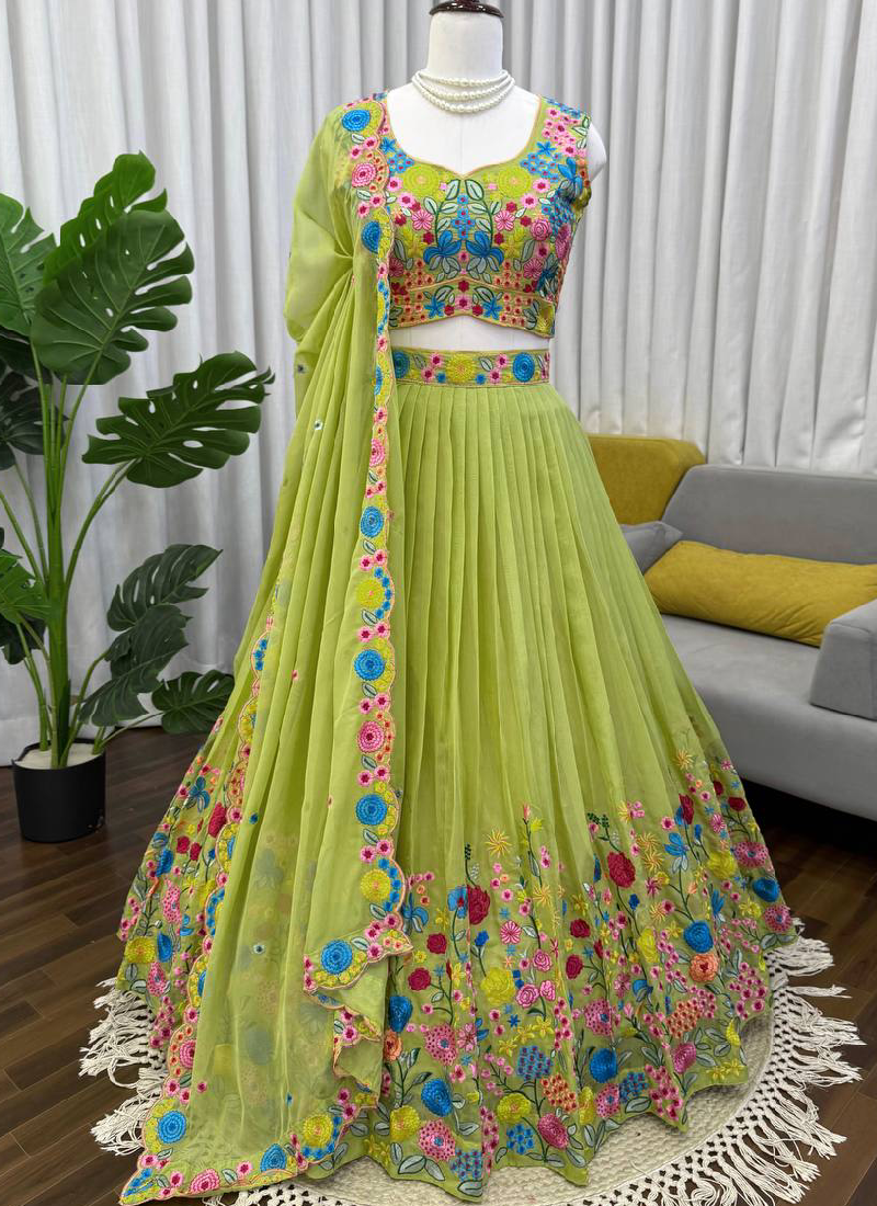 Pista Green Organza Multi Thread Embroidered Work Lehenga Choli Set
