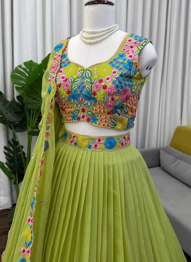 Pista Green Organza Multi Thread Embroidered Work Lehenga Choli Set