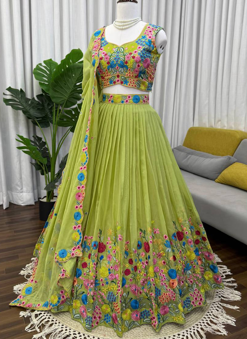 Pista Green Organza Multi Thread Embroidered Work Lehenga Choli Set