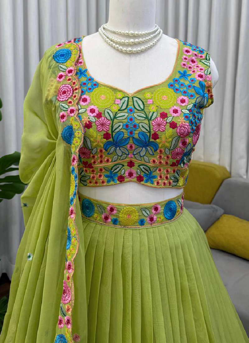 Pista Green Organza Multi Thread Embroidered Work Lehenga Choli Set