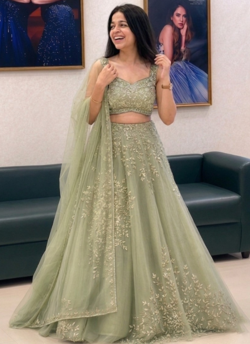 Pista Green Organza Zari Heavy Embroidered Lehenga Choli For Women