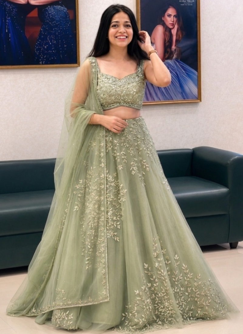 Pista Green Organza Zari Heavy Embroidered Lehenga Choli For Women