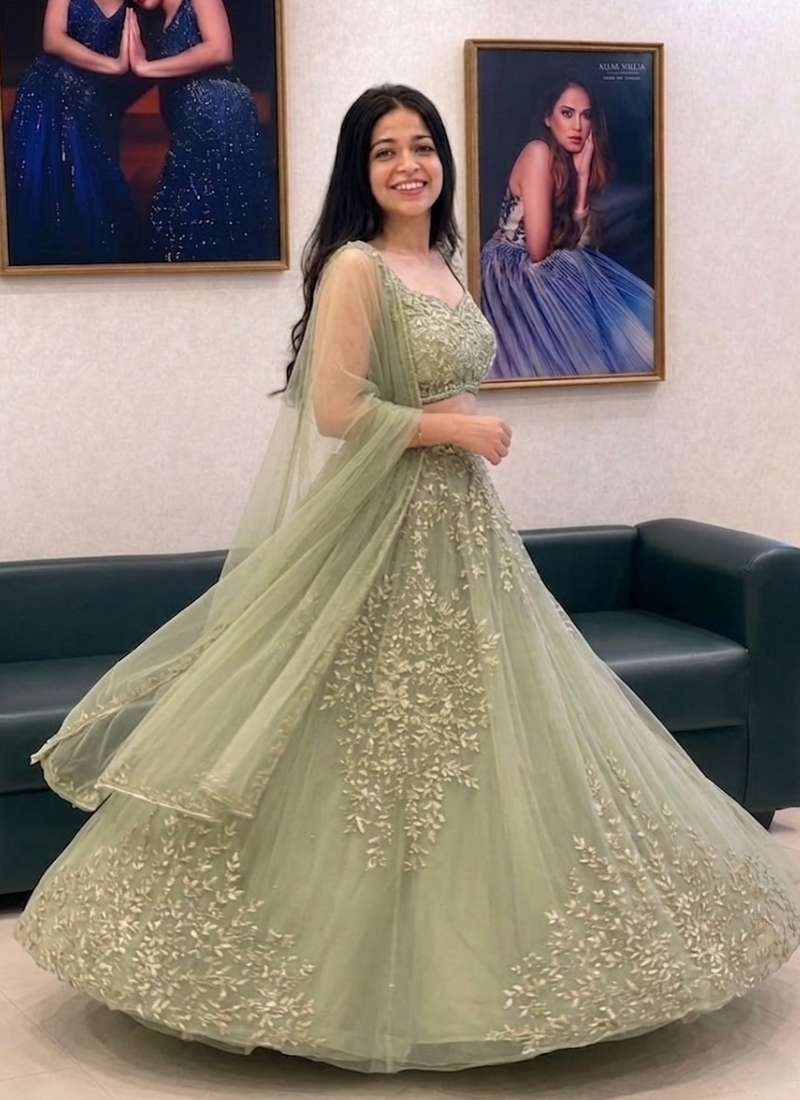 Pista Green Organza Zari Heavy Embroidered Lehenga Choli For Women