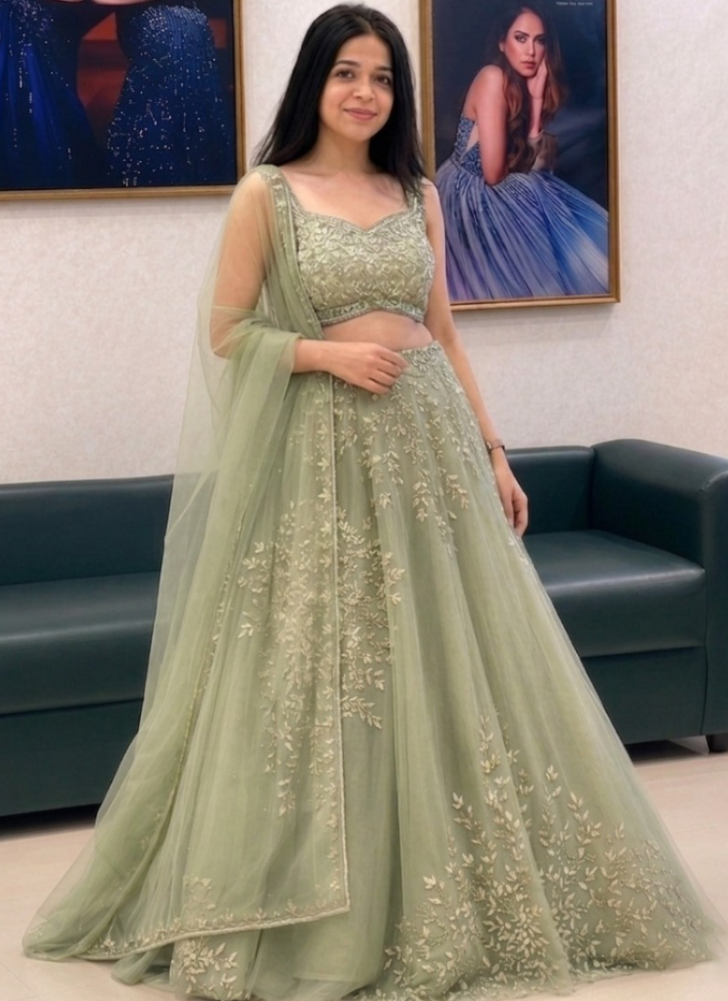 Pista Green Organza Zari Heavy Embroidered Lehenga Choli For Women