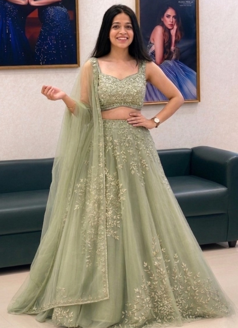 Pista Green Organza Zari Heavy Embroidered Lehenga Choli For Women