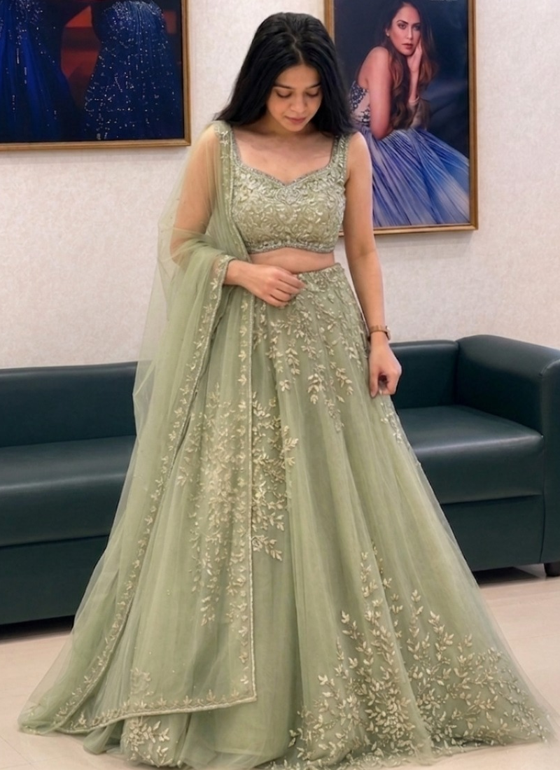 Pista Green Organza Zari Heavy Embroidered Lehenga Choli For Women