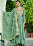 Pista Green Vichitra Silk Zari Embroidered Work Long Anarkali Gown