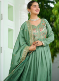Pista Green Vichitra Silk Zari Embroidered Work Long Anarkali Gown