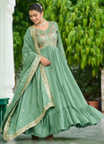 Pista Green Vichitra Silk Zari Embroidered Work Long Anarkali Gown