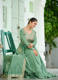Pista Green Vichitra Silk Zari Embroidered Work Long Anarkali Gown