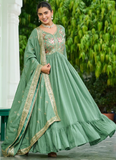 Pista Green Vichitra Silk Zari Embroidered Work Long Anarkali Gown